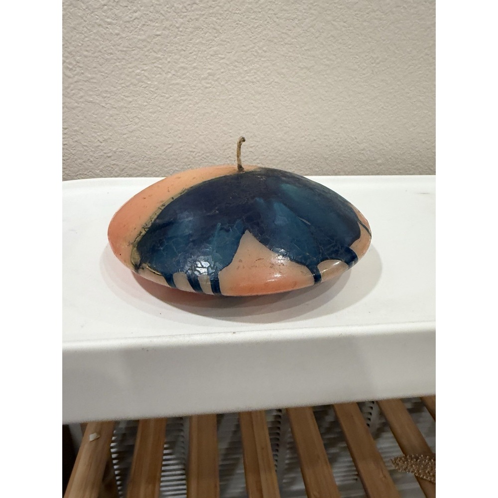 Vintage Saphira Peach Blue Drip Mottled Art Candle Disc Flat Round Decorative